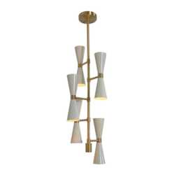 Mid Century Modern Sputnik Chandelier, Brass Finish, White Shade, Multi Light Pendant Lighting - thumbnail 1