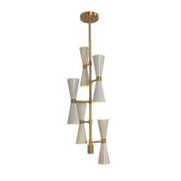 Mid Century Modern Sputnik Chandelier, Brass Finish, White Shade, Multi Light Pendant Lighting - thumbnail 2