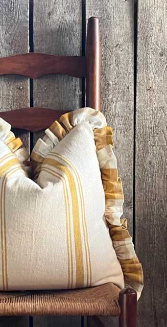 Ruffled Grain Sack Pillow Cover - French Farmhouse Country Stripe Beige Fabric Striped Front Solid Back - image 1