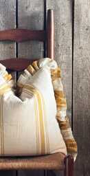 Ruffled Grain Sack Pillow Cover - French Farmhouse Country Stripe Beige Fabric Striped Front Solid Back - thumbnail 1