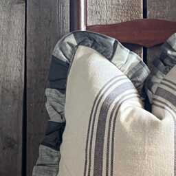 Ruffled Grain Sack Pillow Cover - French Farmhouse Country Stripe Beige Fabric Striped Front Solid Back - thumbnail 2