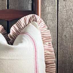Ruffled Grain Sack Pillow Cover - French Farmhouse Country Stripe Beige Fabric Striped Front Solid Back - thumbnail 3