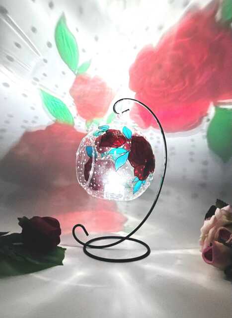 Hand Painted Red Roses Glass Tealight Holder, Home D??cor Accessories - image 1