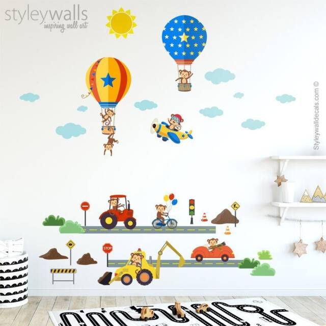 Monkeys Wall Decal, Transportation Air Balloons Airplanes Vehicles Cars & Sticker, City Decal - image 1