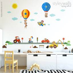 Monkeys Wall Decal, Transportation Air Balloons Airplanes Vehicles Cars & Sticker, City Decal - thumbnail 2