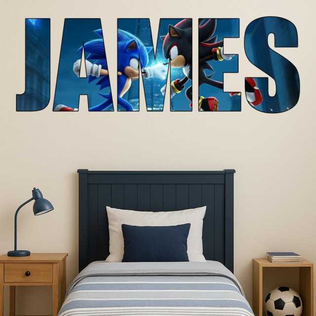 Kids Personalised Name Sticker Sonic Shadow Bedroom Wall Decal Boys Girls - image 1
