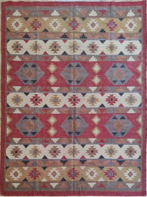Red Wool Jute Kilim Rug - Geometric Flatweave For Living Room/Bedroom Dining - image 1