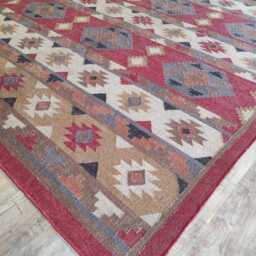Red Wool Jute Kilim Rug - Geometric Flatweave For Living Room/Bedroom Dining - thumbnail 2