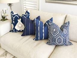 Indigo Blue Coastal Pillow Cover Luxe Linen Cotton, Beach House Decor - thumbnail 1