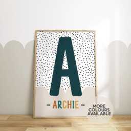 Polka Dot Letter & Name Print -- Boys Nursery Print, Bedroom Playroom Personalised Kids Print, Unframed - thumbnail 1