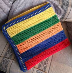 Cot Blanket Bright Rainbow Stripes Soft Colourful Crochet Toddler Or Baby Good Size - thumbnail 1