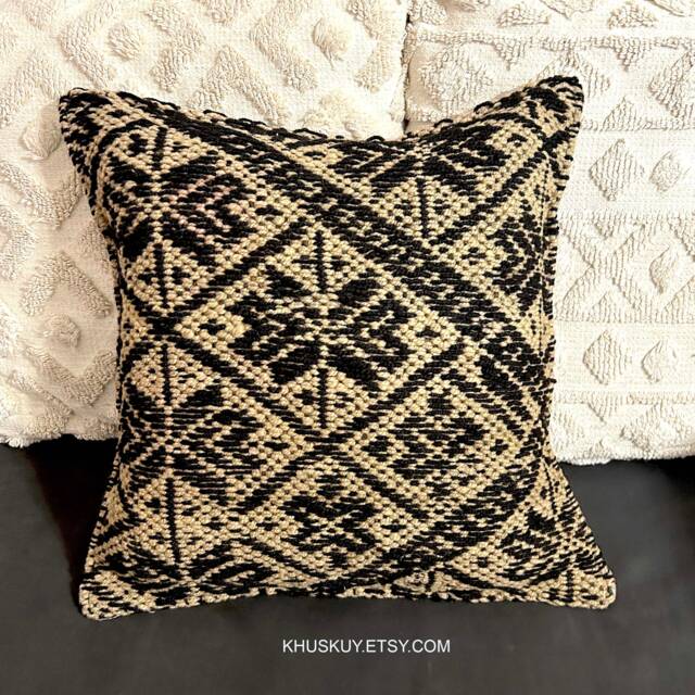 Handwoven Frazada Pillow Cover, Black & Cream Sheep Wool, Boho Kilim Cushion - image 1