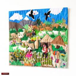 Peruvian Wall Hanging Quilt - Patchwork Wall Art Tapestrie Embroidered Appliques Of Fabric Hanging Cotton Blend Nature - thumbnail 2