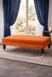 Plush Velvet Footstool With Mahogany Wooden Castor Legs - Footrest, Coffee Table