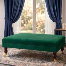 Plush Velvet Footstool With Mahogany Wooden Castor Legs - Footrest, Coffee Table - thumbnail 2