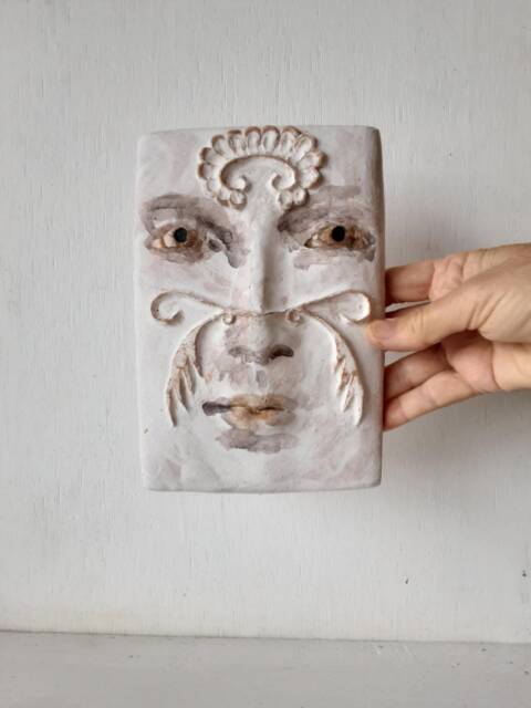 Ceramic Art Face Sculpture With Raised White Flourishes, Mediterranean Lover Gift, No.6 - image 1