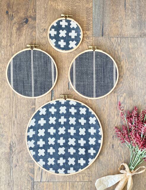 4 Piece Set, Black Gray Designer Textile Gallery Wall Hanging Decor, Wood Circle Frames Various Sizes - image 1