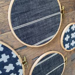 4 Piece Set, Black Gray Designer Textile Gallery Wall Hanging Decor, Wood Circle Frames Various Sizes - thumbnail 2