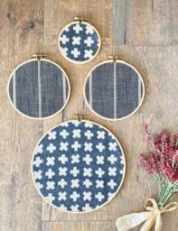 4 Piece Set, Black Gray Designer Textile Gallery Wall Hanging Decor, Wood Circle Frames Various Sizes - thumbnail 1