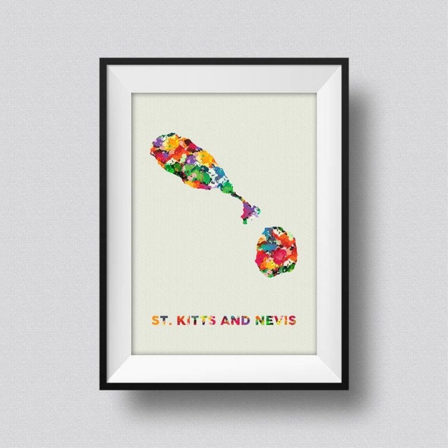 st. Kitts & Nevis Map Watercolor Art Print Ink Splash Poster Canvas
