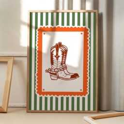 striped Cowboy Boots Green & Orange Art Canvas Poster, Trendy Wall Art, Girls Aesthetic Decor, Retro Home Printed Gift - thumbnail 1