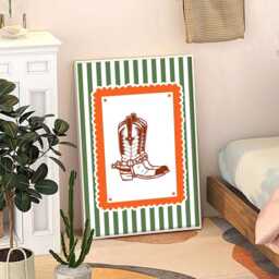 striped Cowboy Boots Green & Orange Art Canvas Poster, Trendy Wall Art, Girls Aesthetic Decor, Retro Home Printed Gift - thumbnail 3