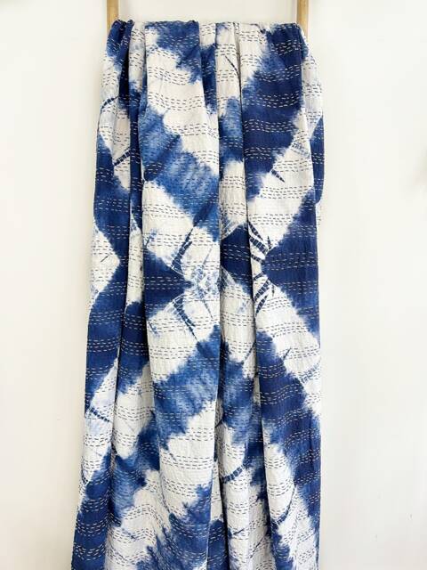 Kantha Stitch Pure Cotton Reversible Bed/Sofa Throw King Size Handmade Dohar Indigo Blue Shibori Tie Dye Diamond Pattern - image 1