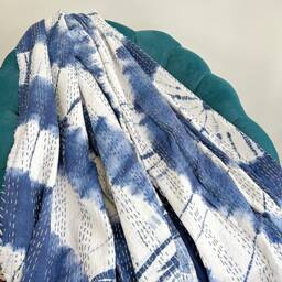 Kantha Stitch Pure Cotton Reversible Bed/Sofa Throw King Size Handmade Dohar Indigo Blue Shibori Tie Dye Diamond Pattern - thumbnail 2