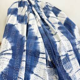 Kantha Stitch Pure Cotton Reversible Bed/Sofa Throw King Size Handmade Dohar Indigo Blue Shibori Tie Dye Diamond Pattern - thumbnail 3
