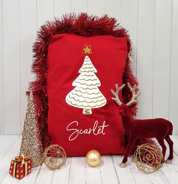 Personalised White & Gold Glitter Effect Red Christmas Tree Santa Sack Xmas Gift Bag Stocking - Large - image 1