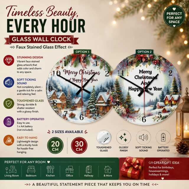 Christmas Glass Wall Clock With Merry Design in Snowy Village Scene - image 1