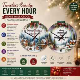 Christmas Glass Wall Clock With Merry Design in Snowy Village Scene - thumbnail 1
