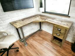 Rustic Desk Corner Two Board Mitre With Under Desk Cupboard, Storage Unit - The Bassett