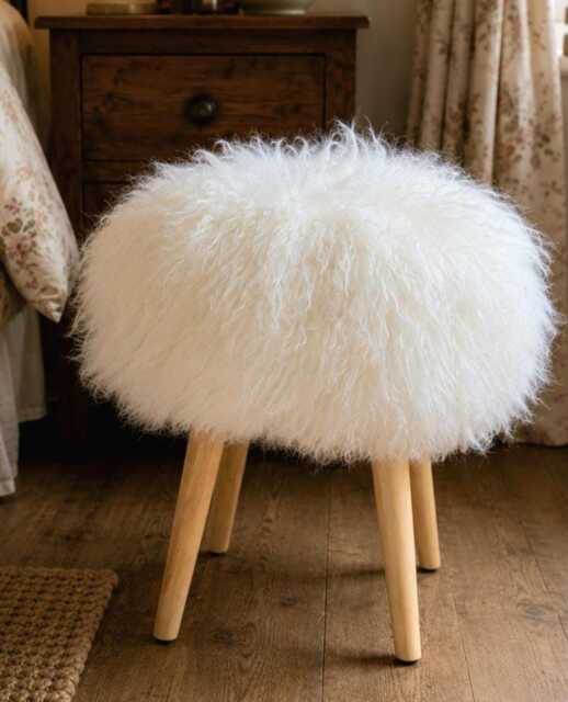 Sheepskin Fur Stool With Mongolian Handmade Wood Stool 100% Dressing Table Console - image 1