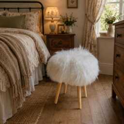 Sheepskin Fur Stool With Mongolian Handmade Wood Stool 100% Dressing Table Console - thumbnail 2