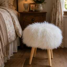 Sheepskin Fur Stool With Mongolian Handmade Wood Stool 100% Dressing Table Console - thumbnail 3