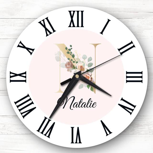 Floral Alphabet Name Initial Letter N Personalised Gift Clock - image 1