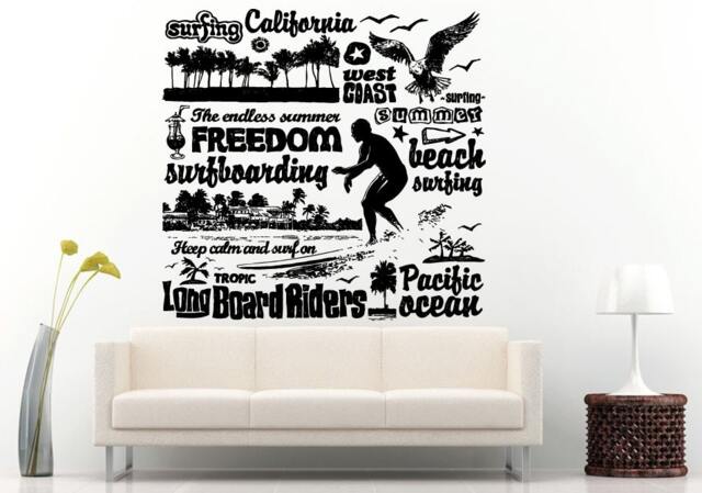 Surfing California West Coast Summer Long Board Riders Keep Calm & Surf On Wall Decal Vinyl Sticker Mural Room Decor L661 - image 1