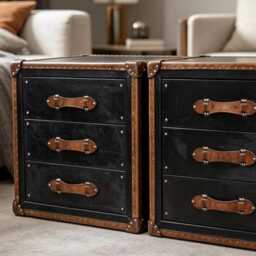 xl Luxury Leather Bedside Tables Handcrafted Hardwood Chests With Drawers - thumbnail 4