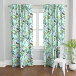 Blue Curtain Panel - Peacock Botanical Bird Chinoiserie Floral Nature Custom By Mcsparrandesign - thumbnail 2