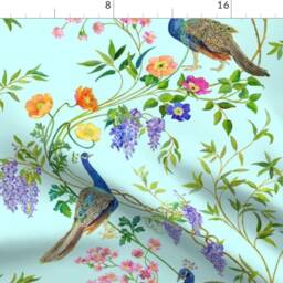 Blue Curtain Panel - Peacock Botanical Bird Chinoiserie Floral Nature Custom By Mcsparrandesign - thumbnail 4
