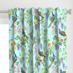Blue Curtain Panel - Peacock Botanical Bird Chinoiserie Floral Nature Custom By Mcsparrandesign - thumbnail 1