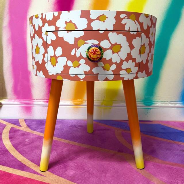 Daisy Coral & Mint Green Round Bed Side Table With Built in Drawer. Floral Design. Ideal Nightstand Or Small Coffee - image 1
