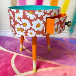 Daisy Coral & Mint Green Round Bed Side Table With Built in Drawer. Floral Design. Ideal Nightstand Or Small Coffee - thumbnail 2