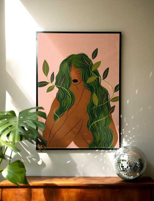 Botanical Woman Art Print Green Hair Feminine Illustration, Nature Inspired Decor - image 1