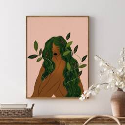 Botanical Woman Art Print Green Hair Feminine Illustration, Nature Inspired Decor - thumbnail 3
