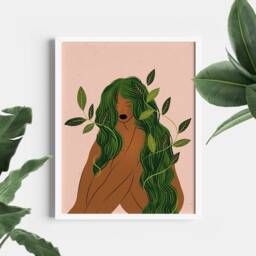 Botanical Woman Art Print Green Hair Feminine Illustration, Nature Inspired Decor - thumbnail 2