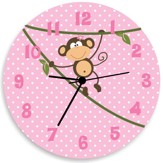 Monkey Wall Clock For Baby Girl Nursery, Pink Background & White Polka Dots, Girls Bedroom Wall Decor - image 1