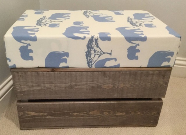 Blue Elephant Print Fabric Covered Wooden Vintage Style Reproduction Apple Crate Storage Seat/Footstool - image 1
