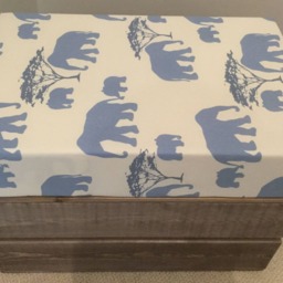 Blue Elephant Print Fabric Covered Wooden Vintage Style Reproduction Apple Crate Storage Seat/Footstool - thumbnail 2